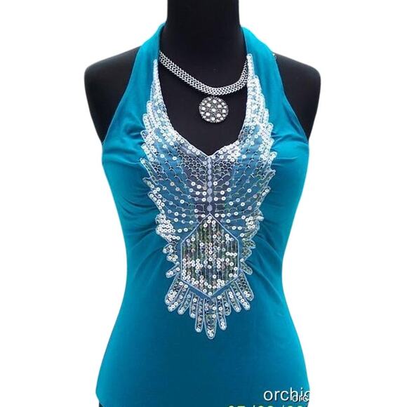 Cache Ruched Peek A Boo Sequin Plung 2 Navel Halter Top New Stretch NWT $118 - Picture 3 of 4